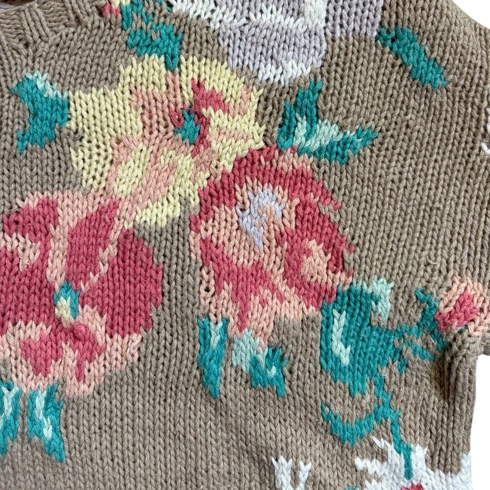 Vintage St Malo Floral Knit Sweater Tan Pink Yellow Intarsia Crewneck Womens L